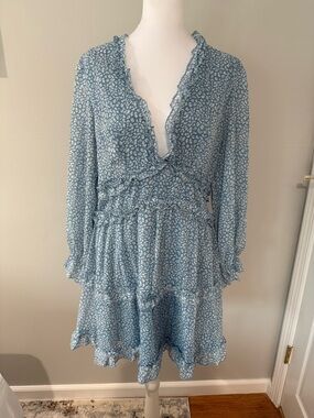 Light Blue Floral Wrap Ruffle Long Sleeve Dress